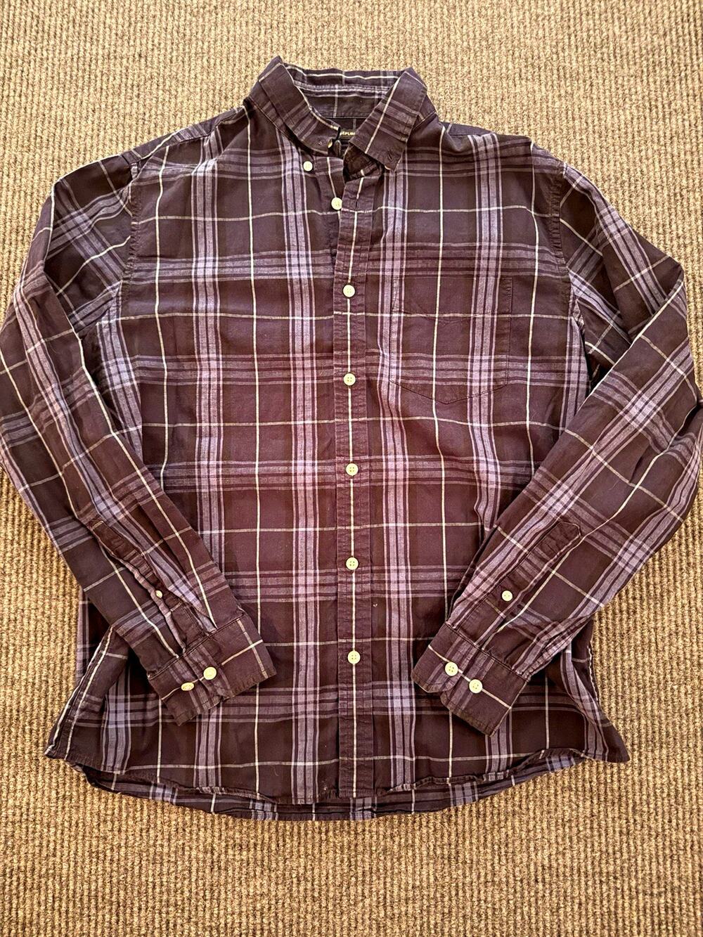 Banana Republic Men's L Untucked Slim Fit Plaid Shirt 100% Cotton Blue